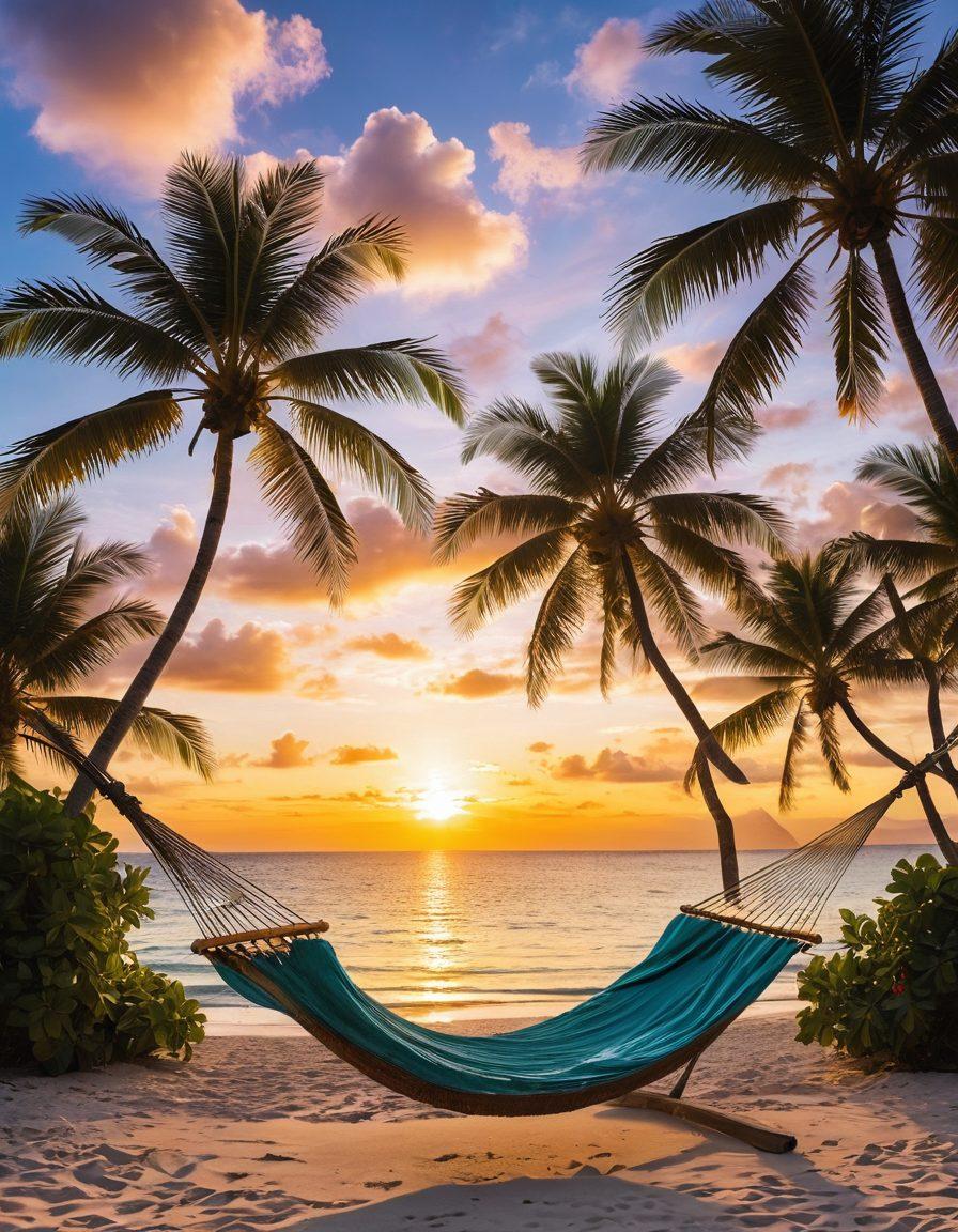 A serene tropical island with soft, white sandy beaches and crystal clear turquoise waters, adorned with lush palm trees swaying gently in the breeze. A cozy beach hammock strung between two palm trees invites relaxation, while colorful tropical flowers bloom nearby. The sun sets in the background, casting a warm golden glow, with love hearts subtly shaped in the clouds above. This idyllic scene should evoke feelings of affection and tranquility. vibrant colors. super-realistic.