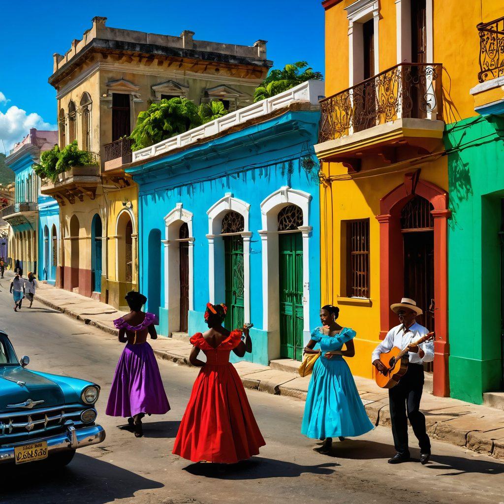 A vibrant street scene in Santiago de Cuba, showcasing colorful colonial architecture, lively street musicians, and locals engaged in traditional dances. The backdrop features the iconic Castillo del Morro and lush greenery, symbolizing the rich culture and history of the city. The atmosphere is filled with warmth and passion, reflecting the essence of the locals. super-realistic. vibrant colors. 3D.
