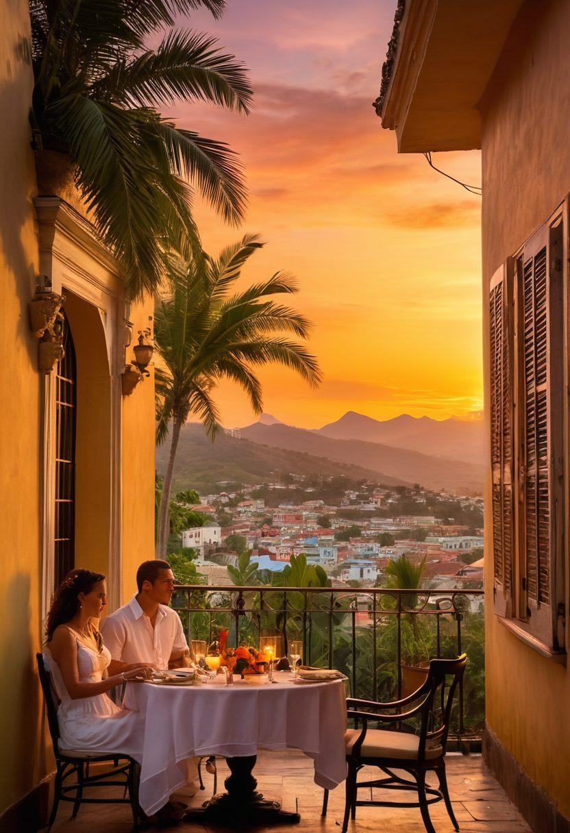 A romantic sunset over Santiago de Cuba, with couples enjoying a candlelit dinner on a balcony overlooking the city. The vibrant colonial architecture serves as a backdrop, and palm trees sway gently in the breeze. Lush tropical flowers adorn the table, creating an inviting atmosphere. Soft light casts a warm glow, enhancing the intimate setting. super-realistic. vibrant colors. tropical theme.